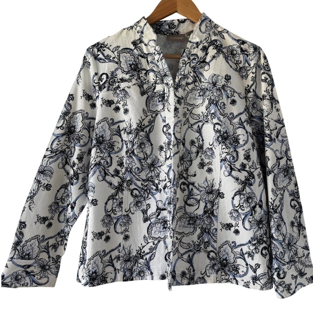 Chico's Womens Cotton Jacket Size 2 White Blue Floral Paisley Toile Open Front